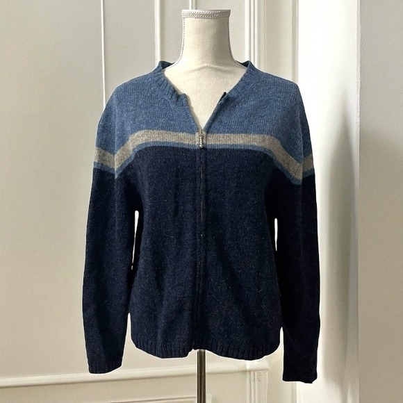 Nordic Gear Vanity Shop Wool Full Zip Blue Striped Cardigan Sweater Large - Picture 1 of 7